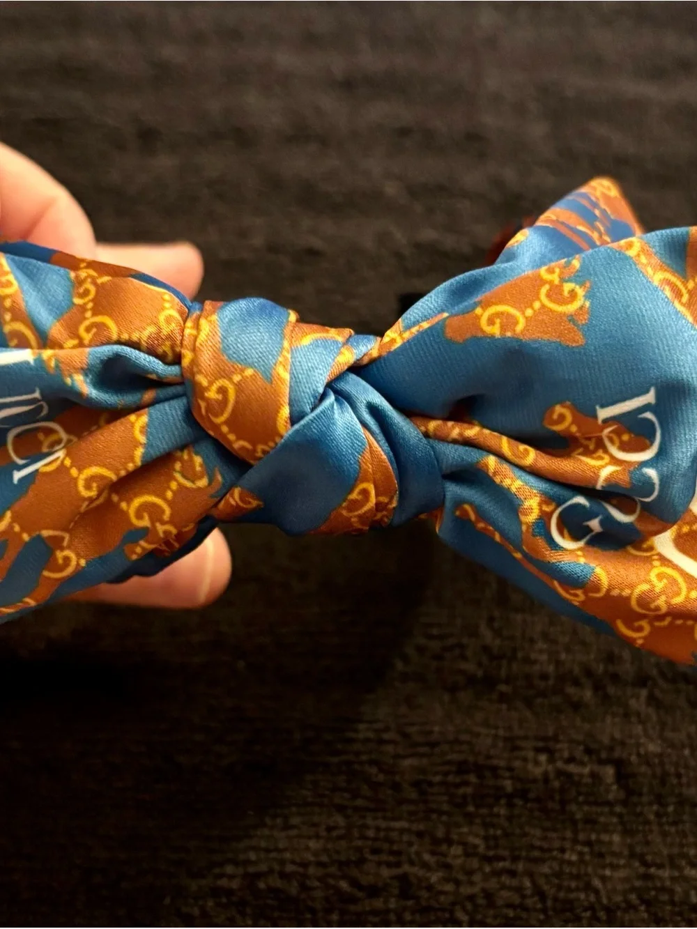 Silk-Feel Blue & Brown Logo Bow Headband